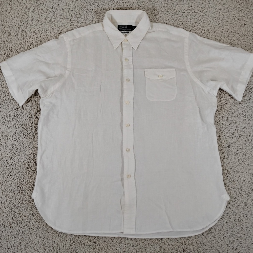 Polo Ralph Lauren Shirt Mens XL White Linen Pocket Short Sleeve Button Beach 90s